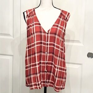 Red Orange Plaid Sleeveless Button-Down Blouse Top by Bobeau, Size S